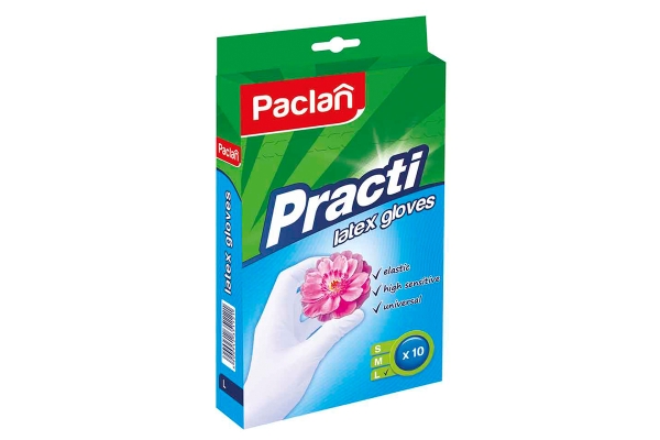 Перчатки латексные Paclan "Practi", L, 10шт., картон. коробка с европодвесом