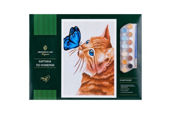 Картина по номерам Greenwich Line "Кот и бабочка" A3, с акриловыми красками, картон, европодвес
