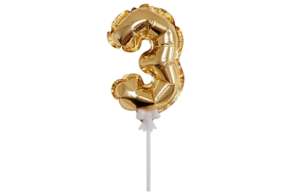 Воздушный шар,  самодув, 18см ПатиБум "Цифра 3", фольгированный, золотой